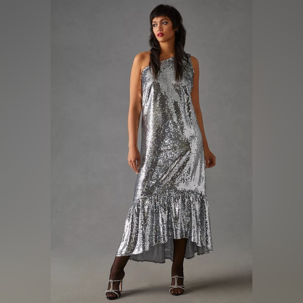 Anthropologie Silver Sequin High Low Dress